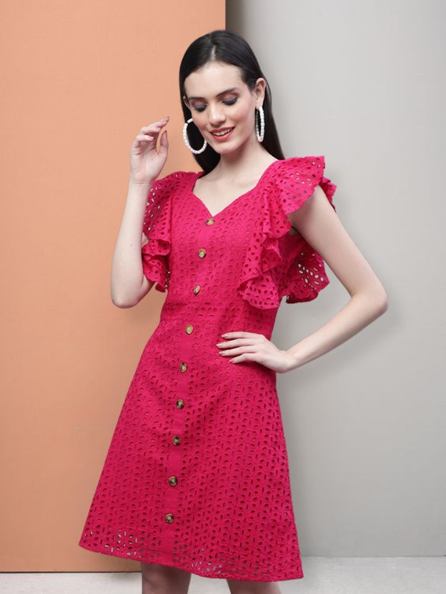 V-Neck Schiffli Ruffled A-line Cotton Dress