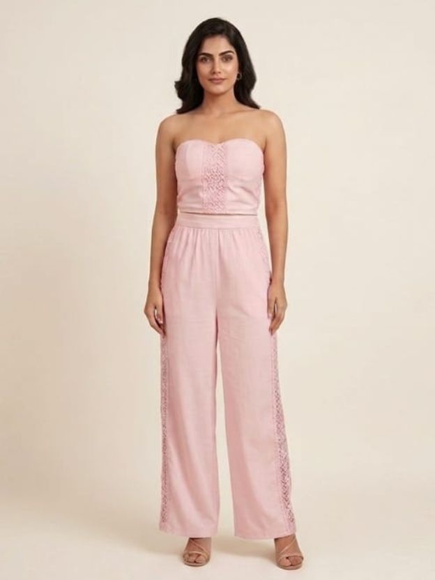Blush Pink Lace Detail Tube Top & Wide-Leg Pants Co-ord Set - 2 Piece Summer Outfit