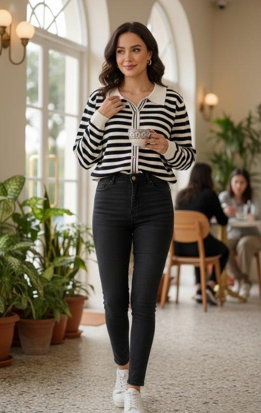 Women’s Striped Knit Polo Top – Long Sleeve Casual Chic Sweater