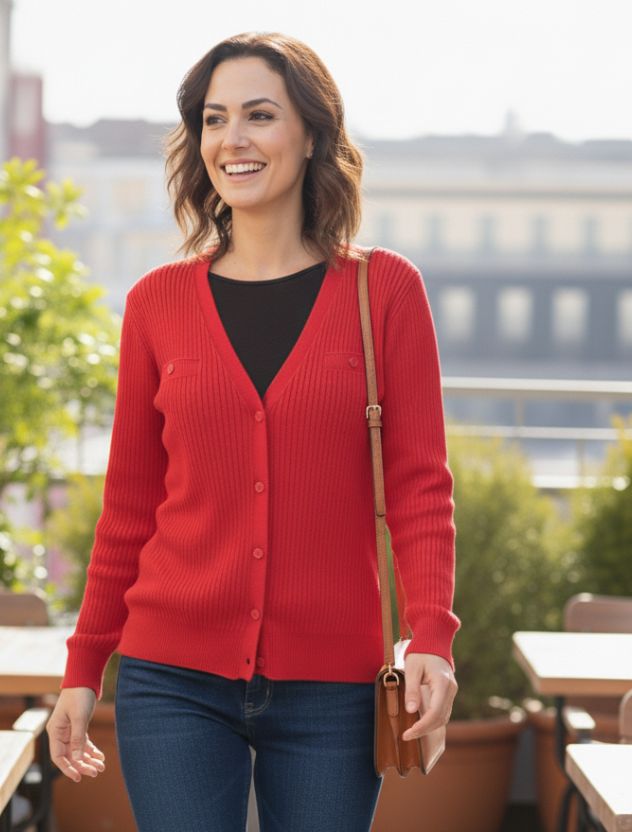 Women’s Red Ribbed Button-Down Cardigan