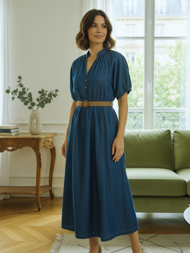 Lacy denim button-down midi dress with puff sleeves & waist belt