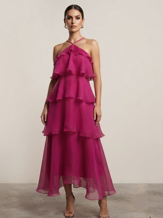 Women's Layered Organza Maxi Dress | Pink Halter Neck Party Wear Dress