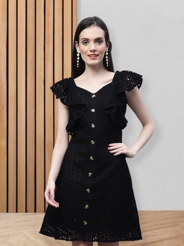 Embroidered Flutter Sleeve A-Line Cotton Dress