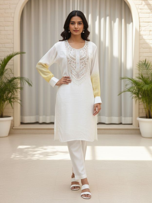 Earl Mist  Cord Set with EmbrPoidered Neckline & Yellow Ombre Sleeves Co-ord Set