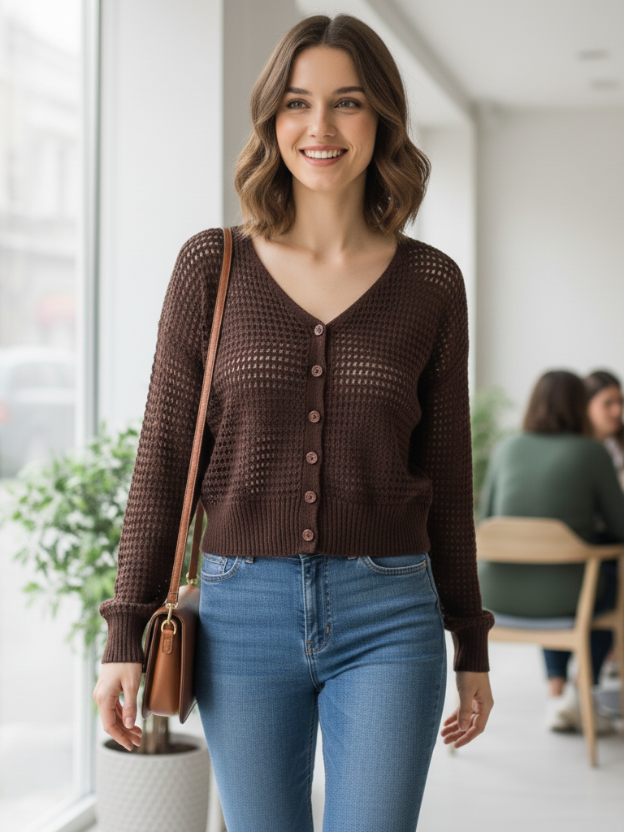 Ribbed Henley Knitted brown Top
