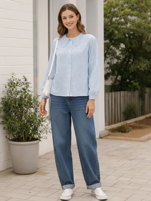 Embroidered Peter Pan Collar Button-Down Shirt
