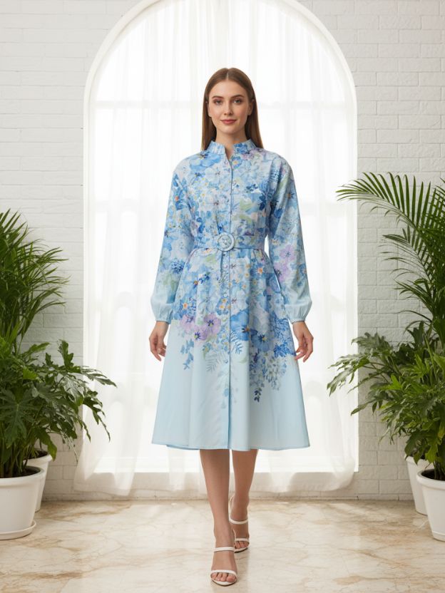 Sky Blue Floral Belted Midi Dress