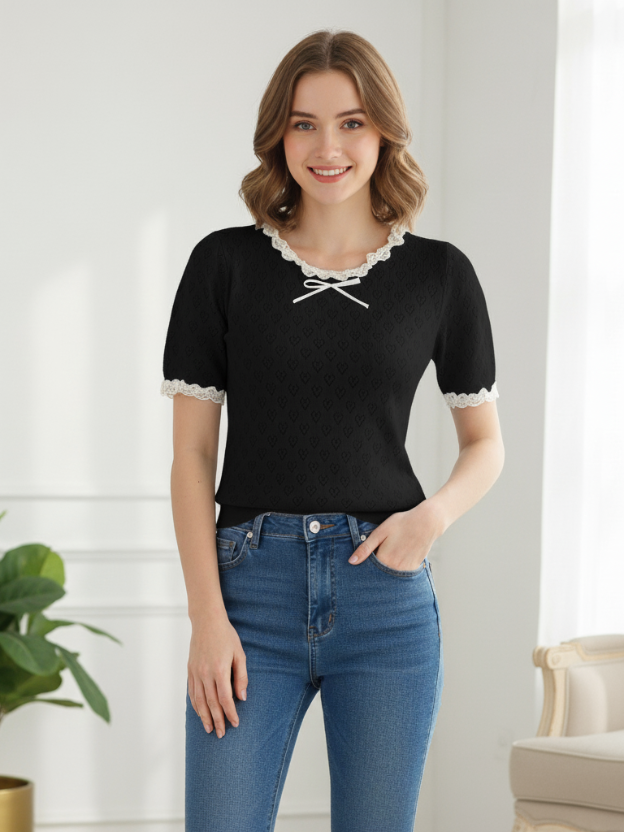Black Lace Trim Knit Top Short Sleeve