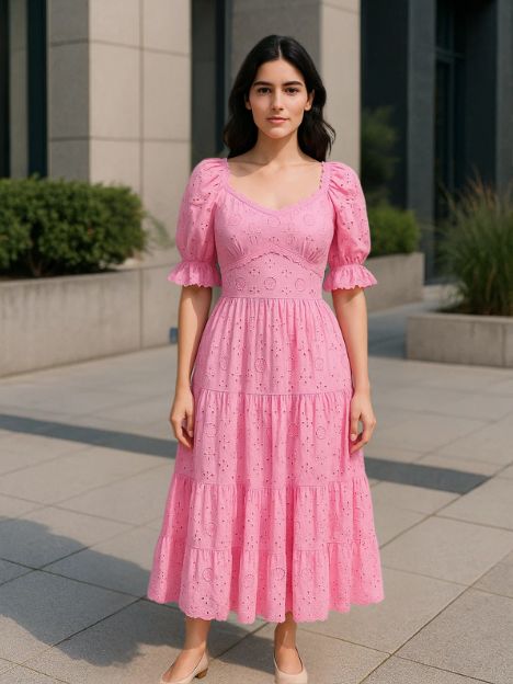 Estelle Pink and Green Laced Organic Hakooba Schiffli Midi Dress