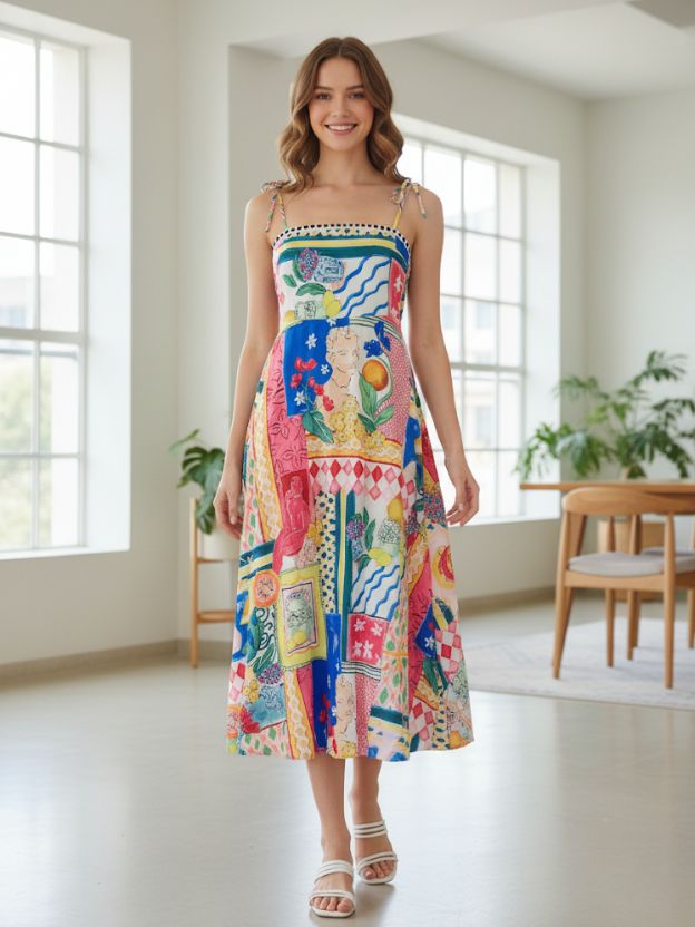 Women Multicolour Printed A-Line Midi Dress