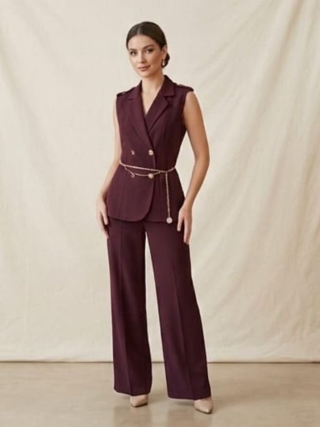 Women's Tailored Double-Breasted Waistcoat and High-Waisted Pant Set in Deep Plum
