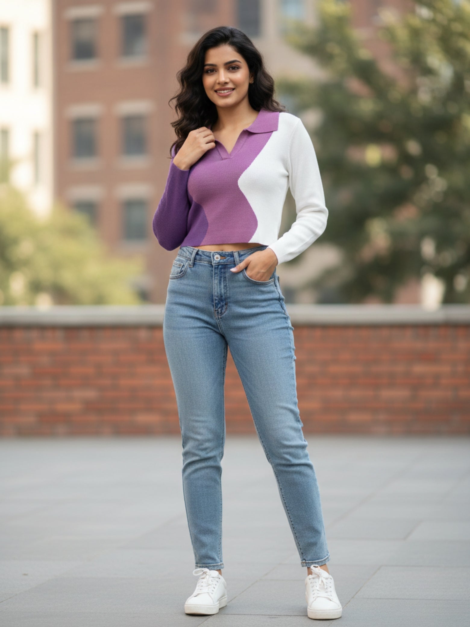 Stylish Colorblock Collared Knit Top for Women – Smart Casual Pullover