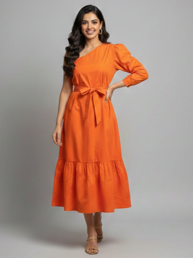 One-Shoulder Midi Dress with Waist