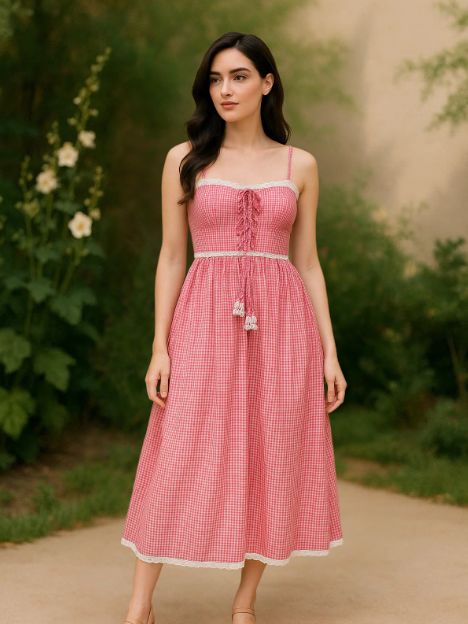 MARC LOUIS 2855 Stella Red & White Organic Cotton Laced Midi Dress