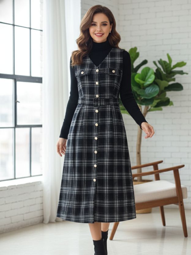 Winter Charm in Black Checked Style