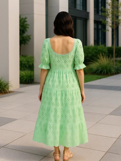 Estelle Pink and Green Laced Organic Hakooba Schiffli Midi Dress