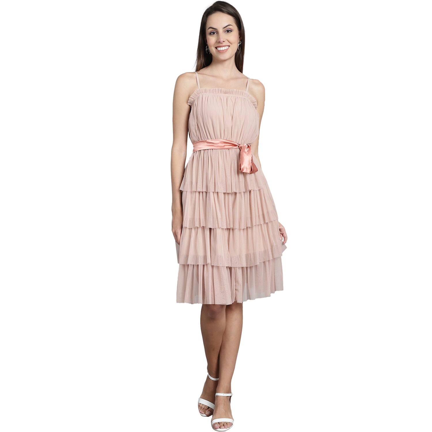 Layered Net Fit & Flare Dress