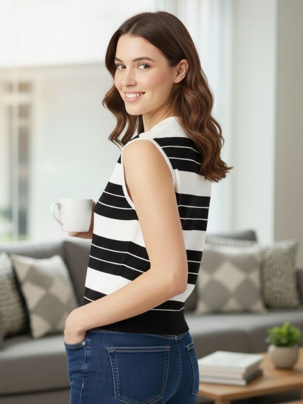 Pastel Striped Sleeveless Knit Polo Top