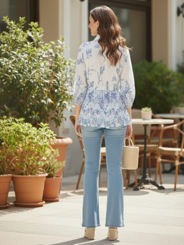 Sheer Floral Lace Tie-Front Peplum Shirt