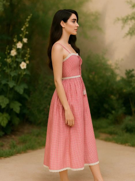 MARC LOUIS 2855 Stella Red & White Organic Cotton Laced Midi Dress