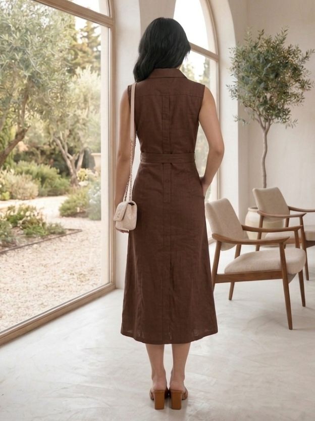Mocha Elegance Linen Midi Dress