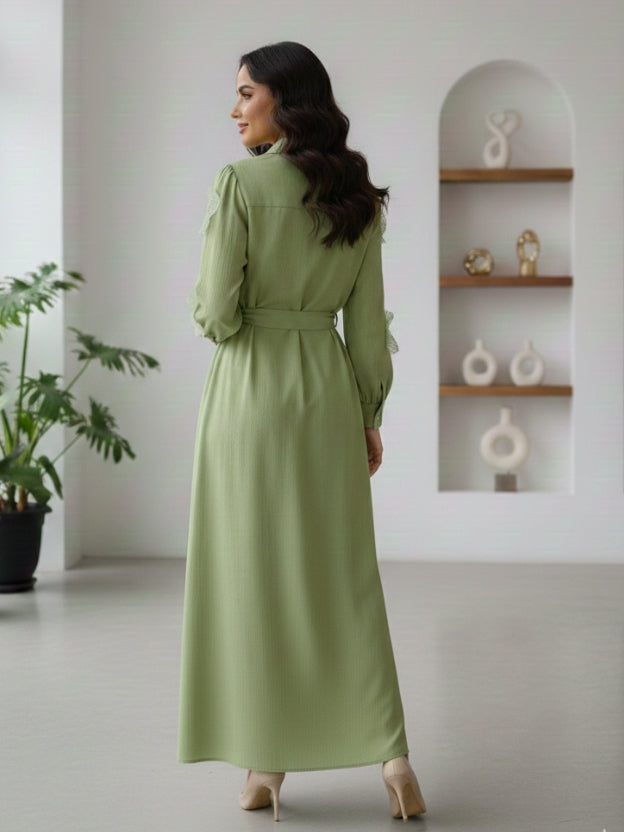 Floral Appliqué Sheer Midi Dress with Belt