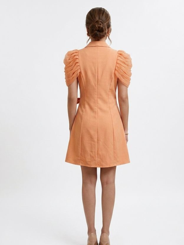 Puff Sleeve Blazer Dress - Double Breasted Tulle Detail Mini Dress