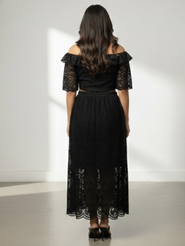 Elegant Off-Shoulder Lace Midi Dress