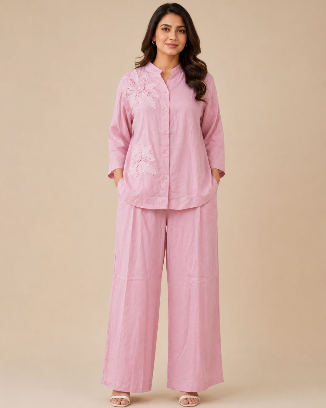 Women’s Floral Embroidered Co-ord Set – Relaxed Fit Linen-Blend Matching Set
