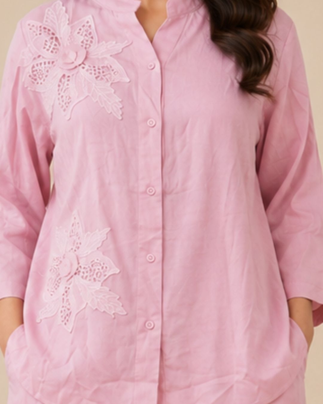 Women’s Floral Embroidered Co-ord Set – Relaxed Fit Linen-Blend Matching Set