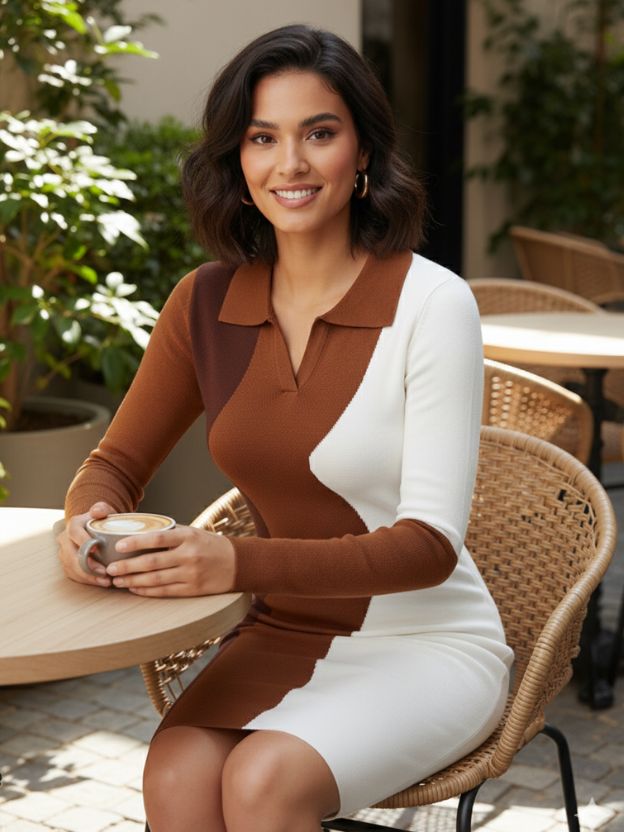 Block Long Sleeve Knit Bodycon Dress