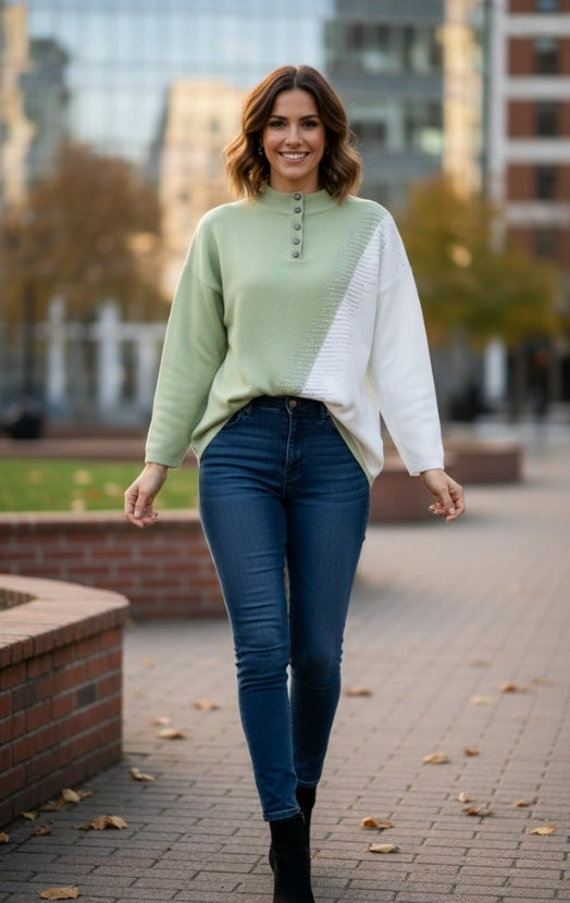 Women’s Sage & White Colorblock Sweater Top – Stylish Button Detail Pullover