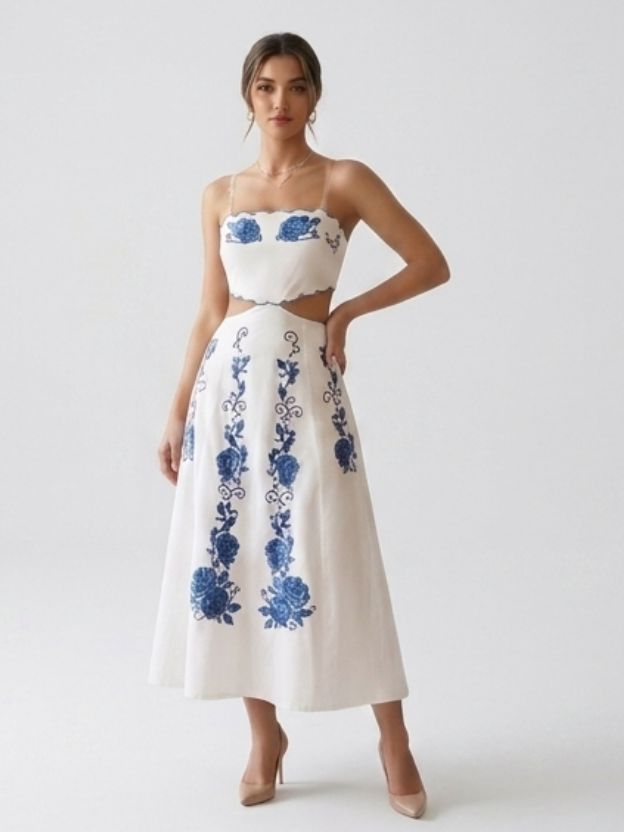 Azure Bloom Cutout Midi Dress