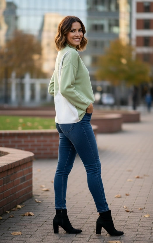 Women’s Sage & White Colorblock Sweater Top – Stylish Button Detail Pullover