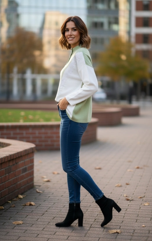 Women’s Sage & White Colorblock Sweater Top – Stylish Button Detail Pullover
