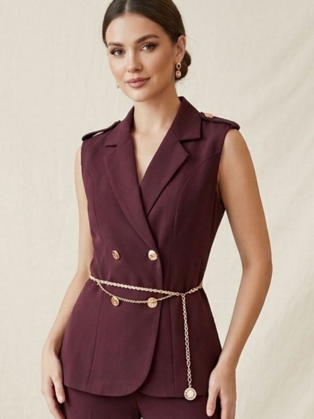 Women's Tailored Double-Breasted Waistcoat and High-Waisted Pant Set in Deep Plum