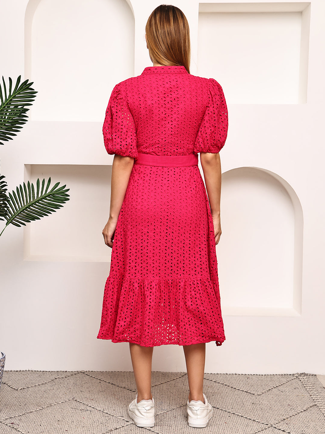 Schiffli Belted A-Line Midi Dress