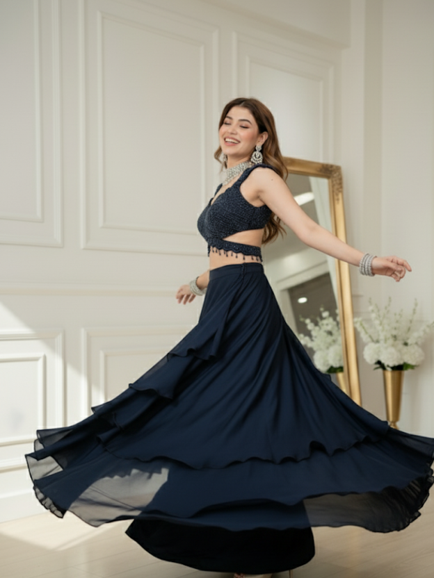 Elegant black ruffled mermaid style lehnga