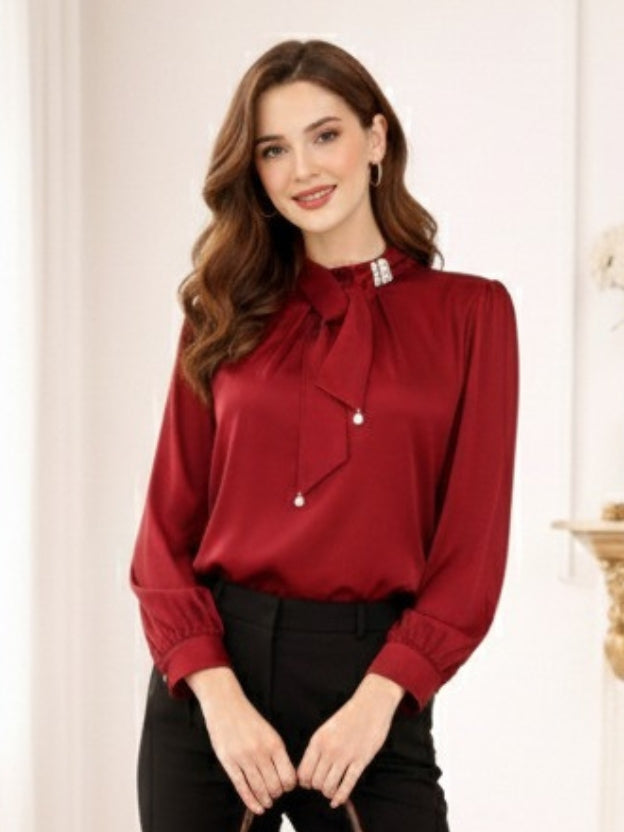 Elegant Tie-Neck Pearl Satin top