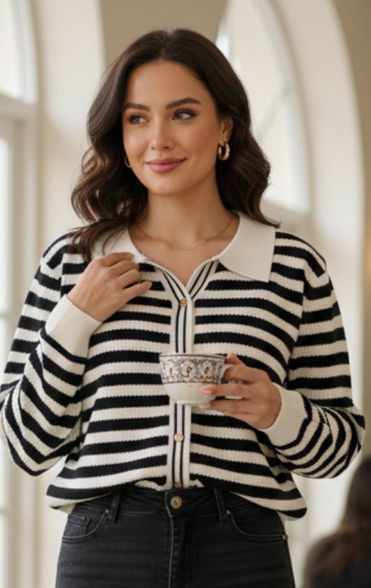 Women’s Striped Knit Polo Top – Long Sleeve Casual Chic Sweater