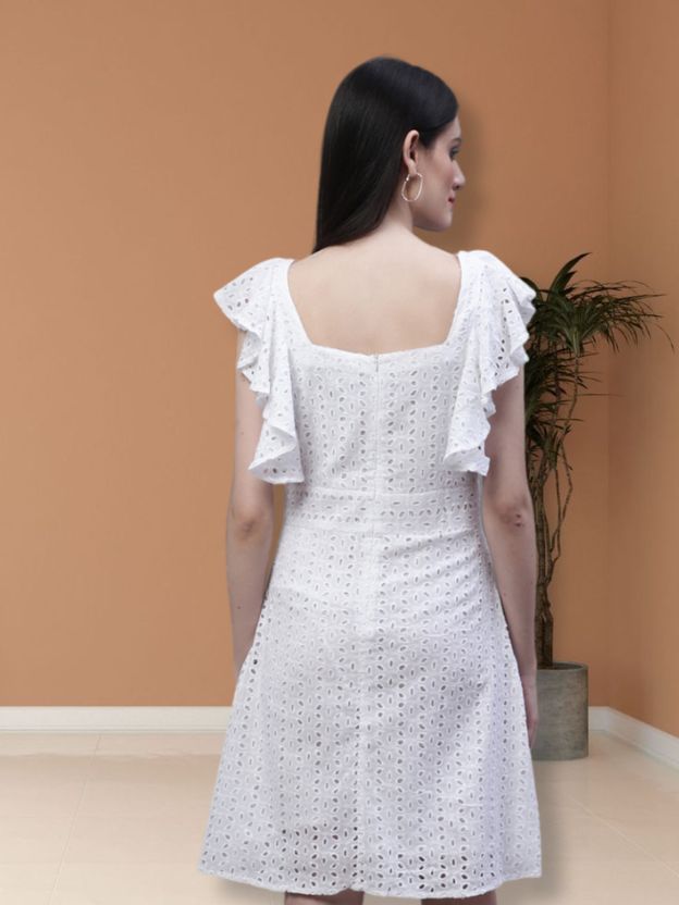 Self Design Flutter Sleeves Cotton A-Line Dress