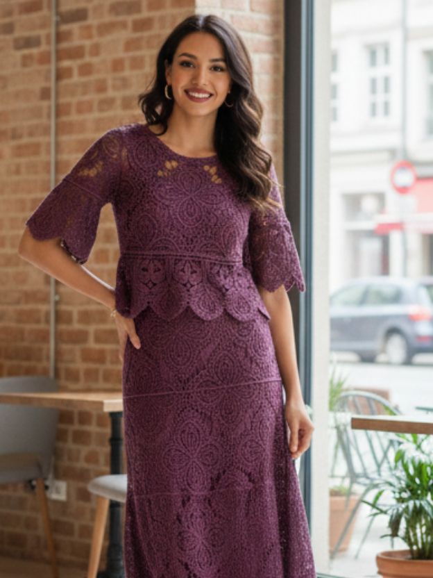 Elegant Lace Peplum Top with Coordinated Midi Skirt Set