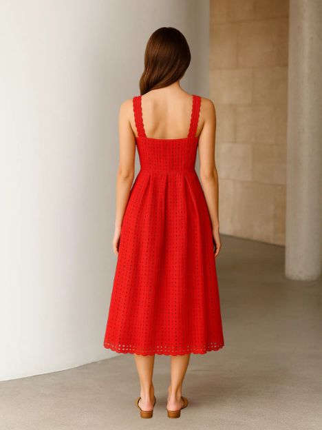 Reagan Red Organic Hakooba Schiffli Midi Dress
