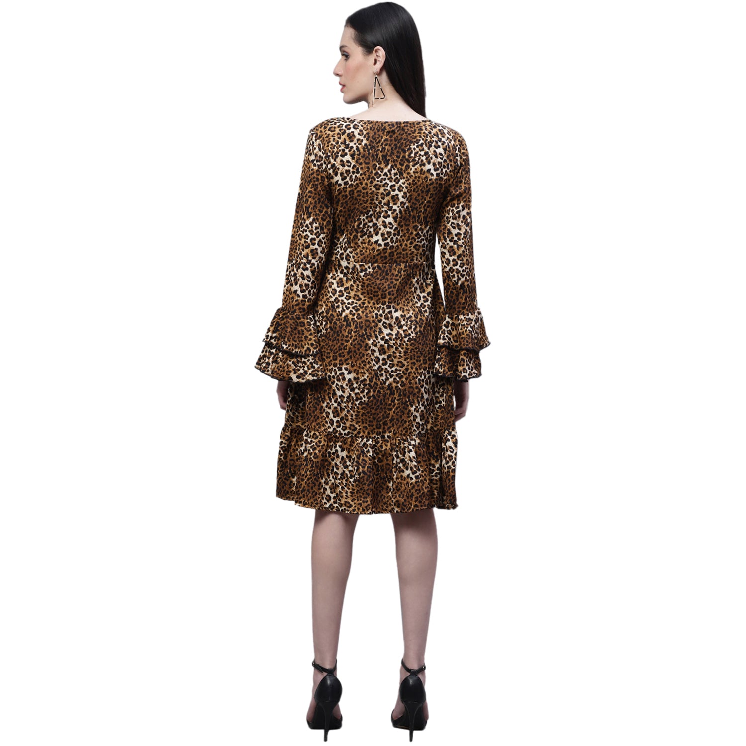 Animal Print Bell Sleeves Ruffled Crepe Dress