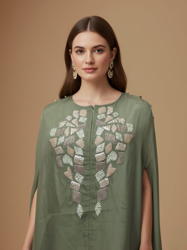 Elegant Sage Green Cape Coord Set with Floral Embroidery