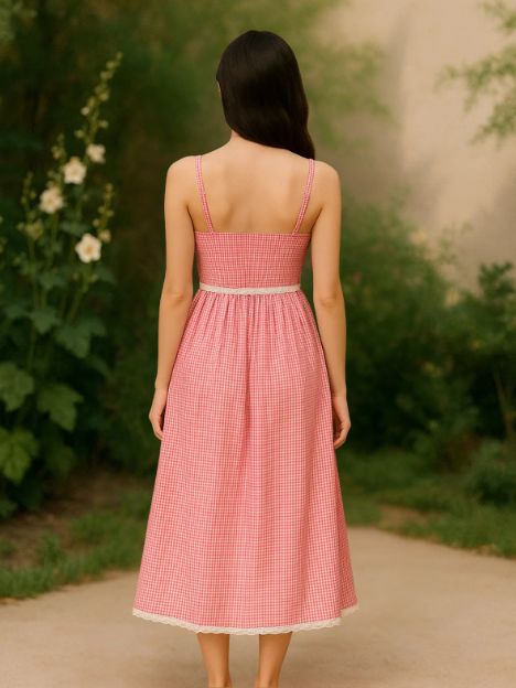 MARC LOUIS 2855 Stella Red & White Organic Cotton Laced Midi Dress