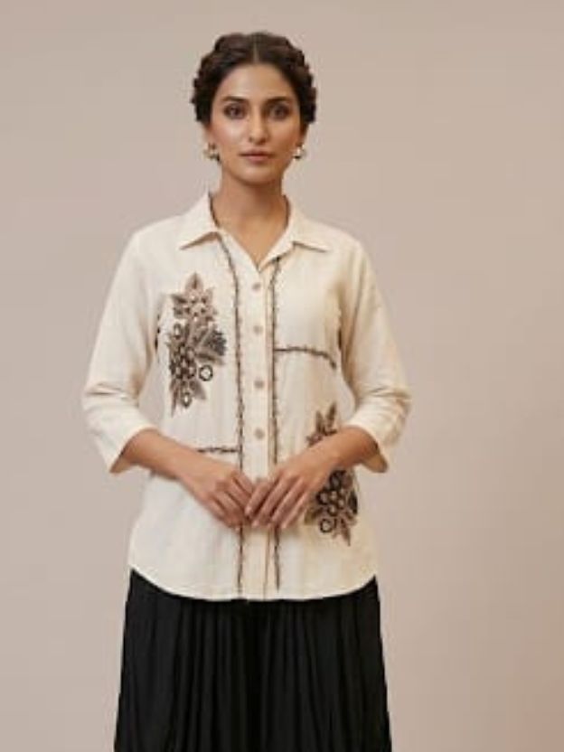 Indo-Western Harem Pant Set – Embroidered Shirt & Draped Bottoms