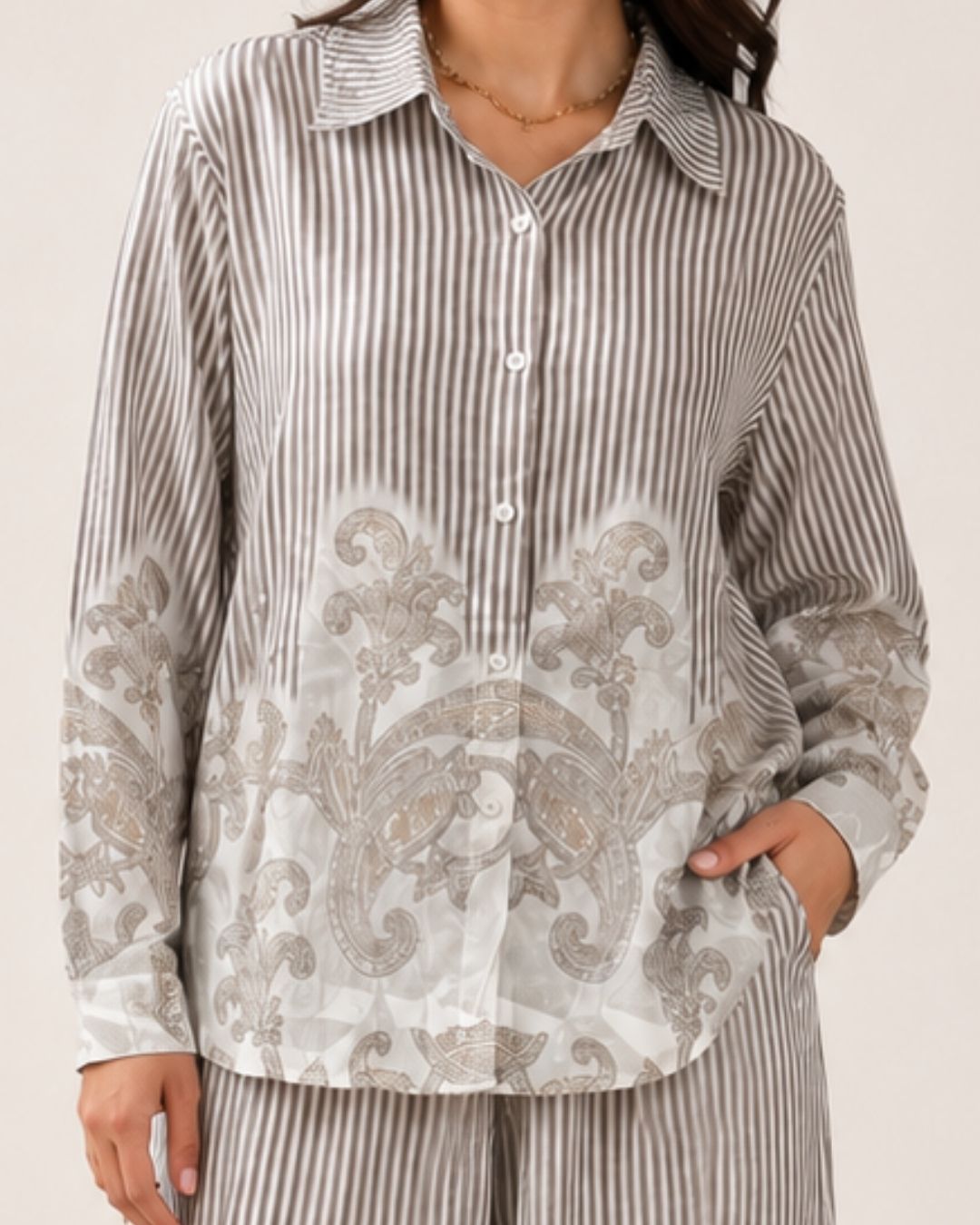 Women’s Striped Co-ord Set with Paisley Print | Button-Down Shirt & Wide Leg Pants
