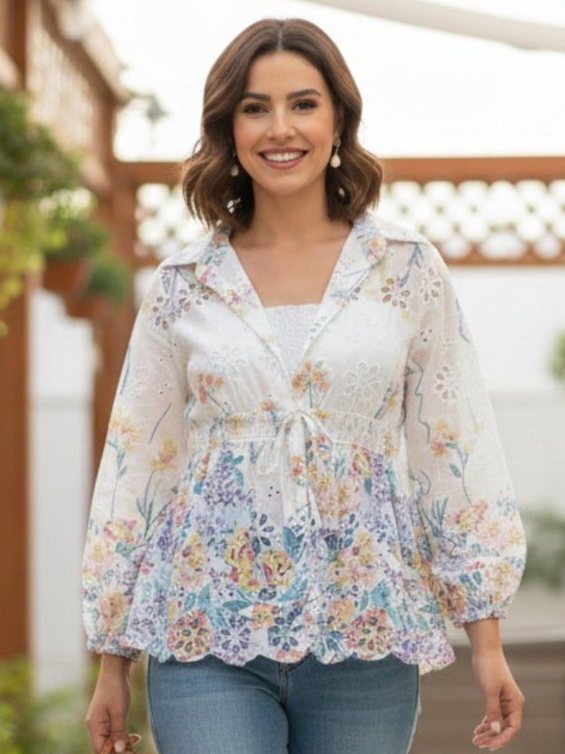 Sheer Floral Lace Tie-Front Peplum Shirt