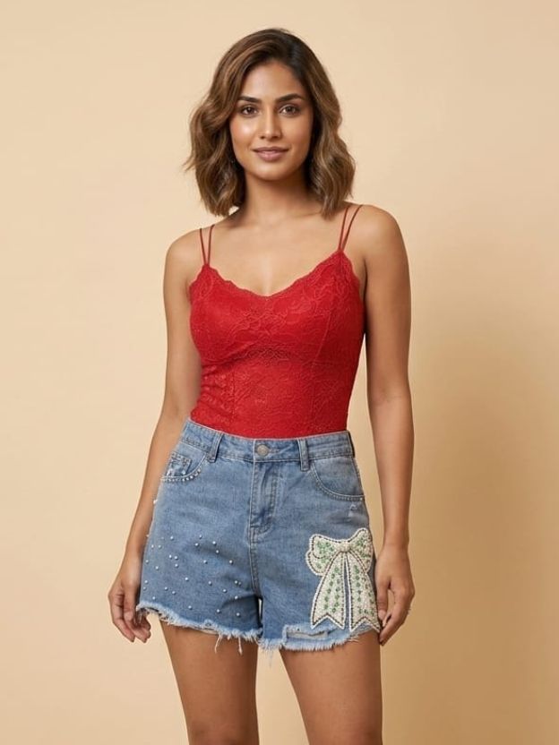 Bow Charm Embellished Denim Shorts